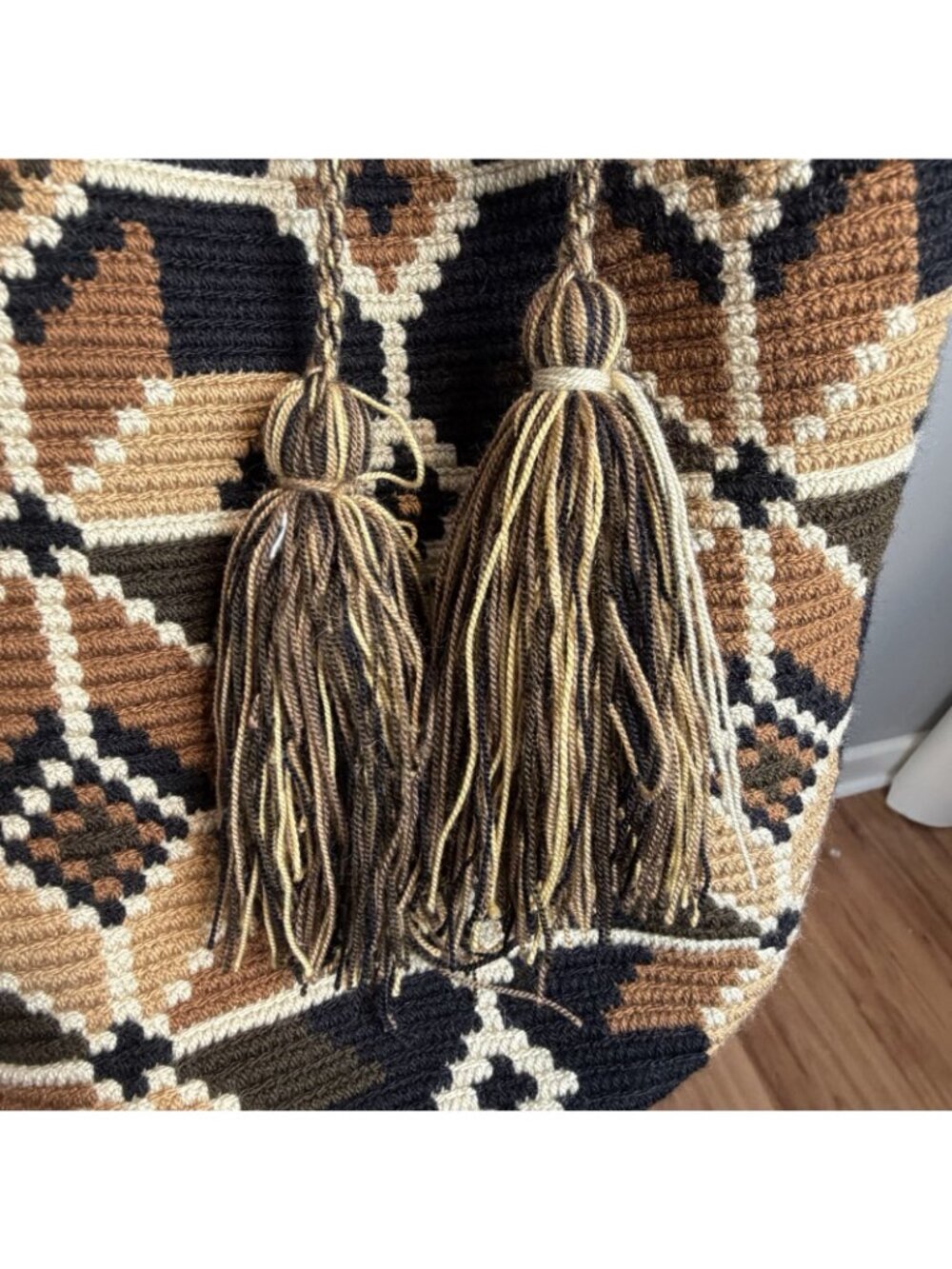Handmade Wayuu Mochila Crochet Crossbody Bag Geometric Tribal Brown Neutral - Picture 5 of 13